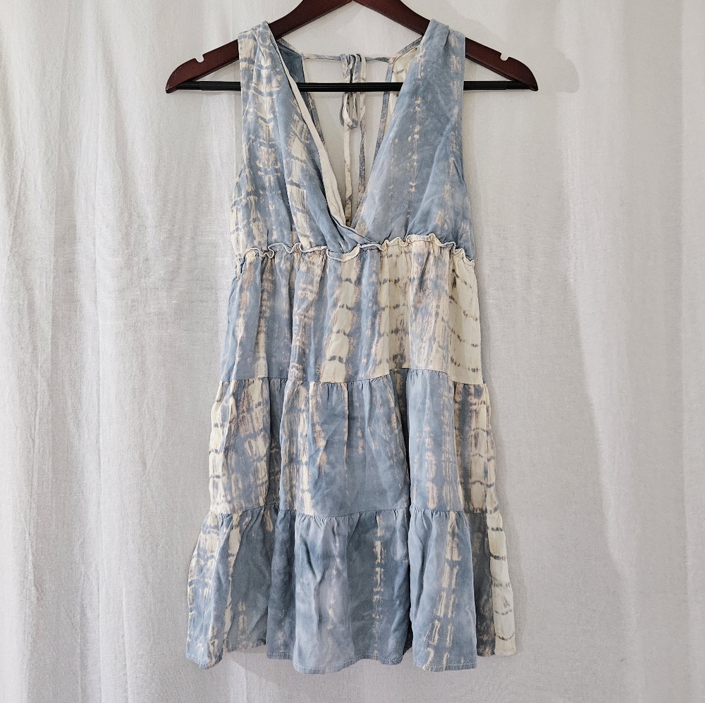 Millibon V-Neck Tie-Dye Tiered Mini Dress in Blue/Cream/Off-White Women’s Size S - Picture 4 of 7